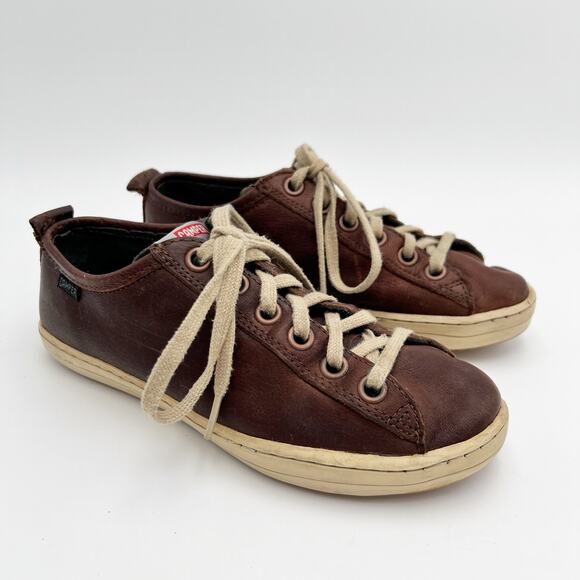 Camper Imar Low Top Sneaker Womens EU 37 US 6.5-7 Brown Leather Lace Up Beige - Picture 1 of 11